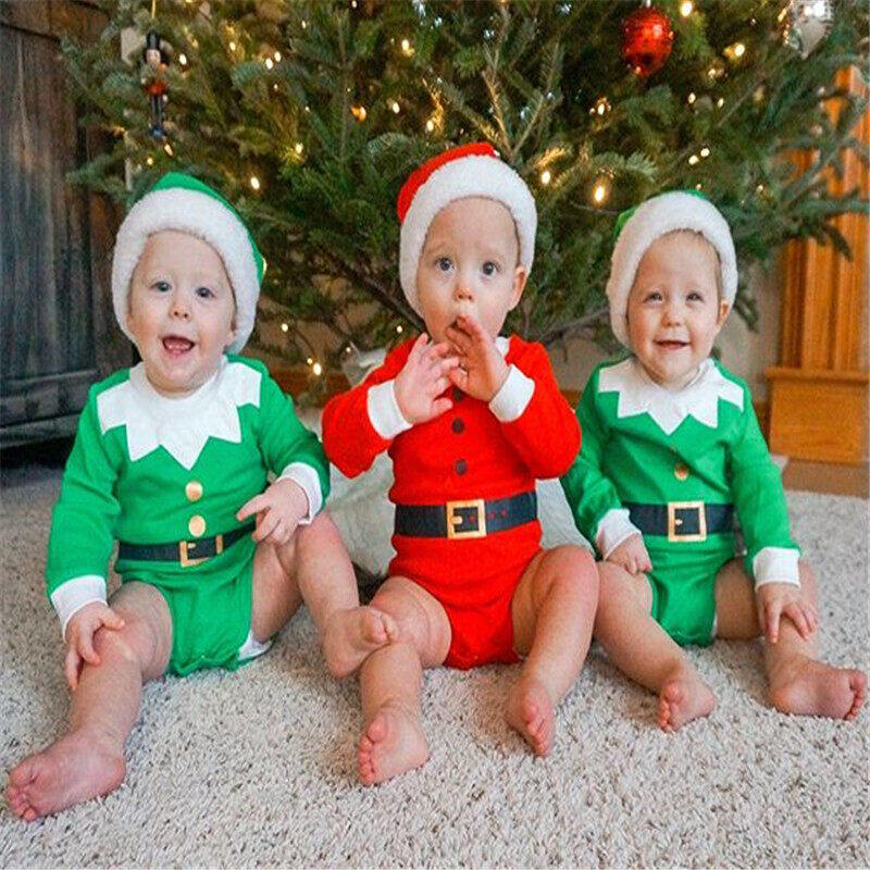 [Pickmine]Newborn Christmas Bodysuits Outfits Baby Long Sleeve Round Neck Print Romper + Pompom Cap for Boys Girls