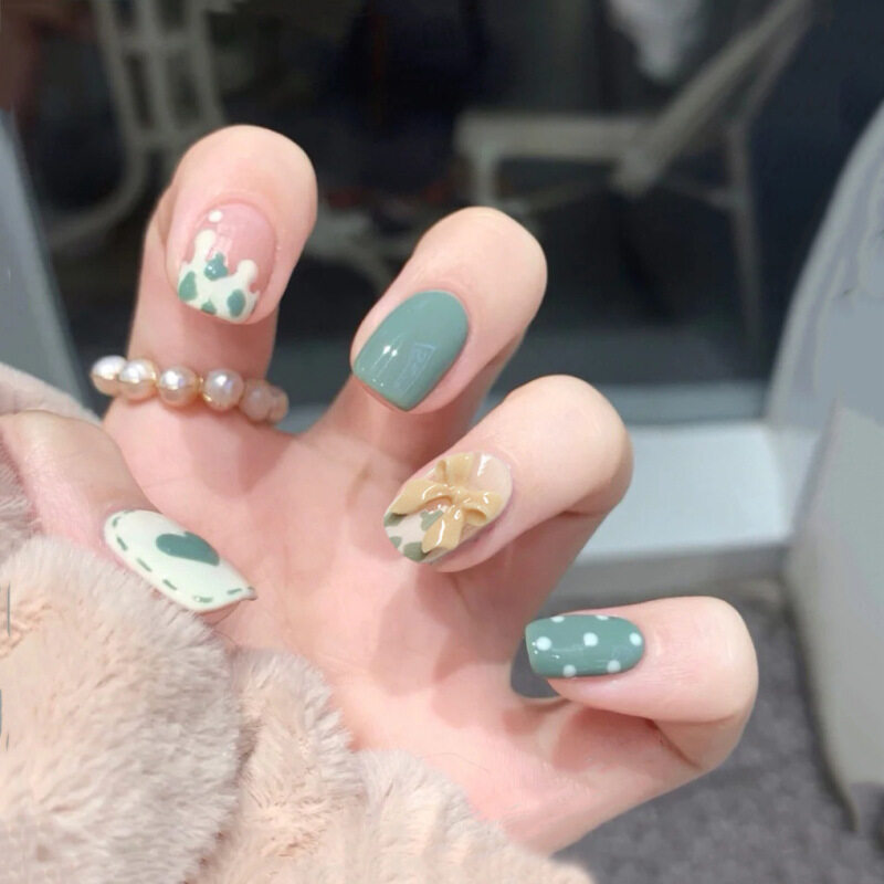 24 Chiếc Móng Tay Giả Nghệ Thuật Vẽ Hình Nơ Tình Yêu Có Thể Tháo Rời Hoàn Thiện Bằng Keo giá rẻ