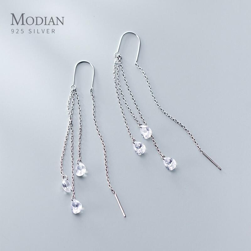 ✩✫✬ Modian Trendy Wedding Earring for Women 925 Sterling Silver Dazzling CZ Long Chain Tassel Water Drop Dangle Earring Fine Jewelry ✬✫✩