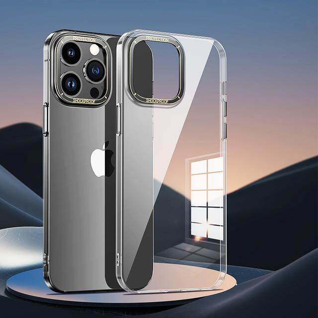 Metal lens frame hd transparent phone case for iphone 14 13 pro max plus shockproof pc hard back cover iphon 14promax 13pro