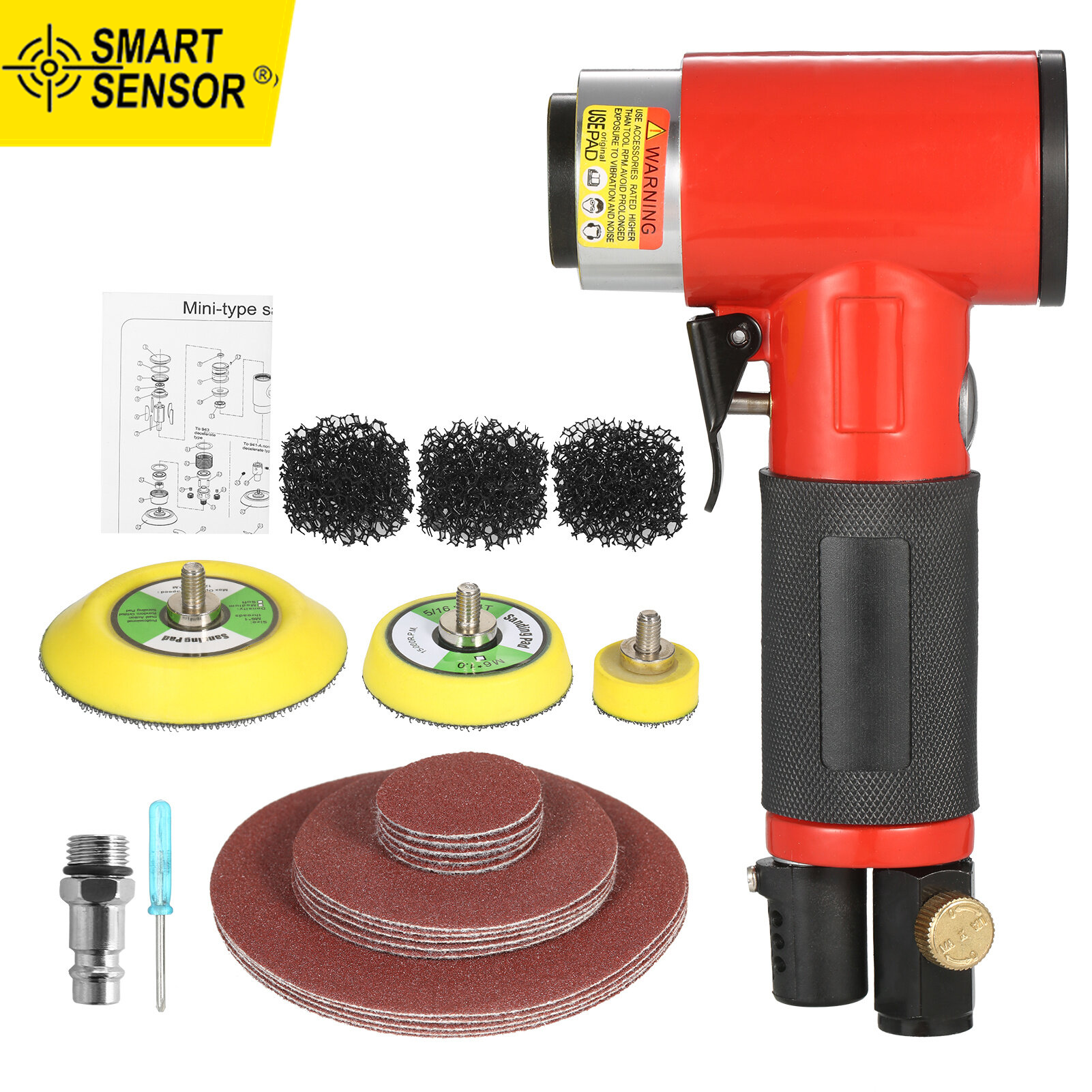 Smart Sensor Mini Air Sander with 1/2/3 Inch Sand Disks Random Orbital Pneumatic Sander Air Powered Sanders & Polisher with 15 Sandpapers for Car Beauty Woodworking Sanding Polishing Waxing