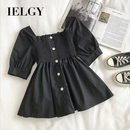 IELGY pleated waist babydoll female summer Korean version of solid color retro square collar short-sleeved top