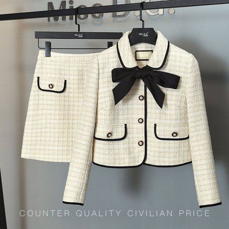 Small Fragrance Set Autumn Thin Bow Tie Short Coat Skirt Two Pieces of Female Ladies Solid Color Casual Blazer Skirt Suit