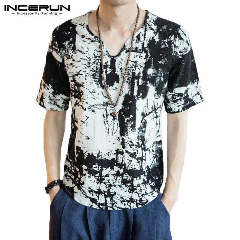INCERUN Men Retro Ethnic Printed Henley T Shirts Baggy Hippie Tee Short Sleeve Tops