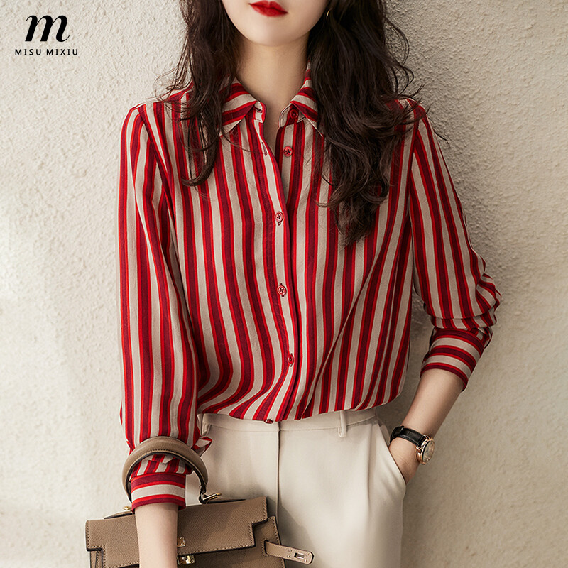 MISUMIXIU Autumn New Stripe Silk Shirt for Women Long Sleeve Temperament Fashion Blouse Korean Style Elegant Top Lady