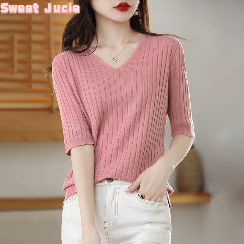 Áo Thun Nữ Sweet Juice Tay Áo 3/4 Hàn Quốc Cổ Tim Bó Sát Áo Thun Dệt Kim Ngắn Tay Cho Nữ