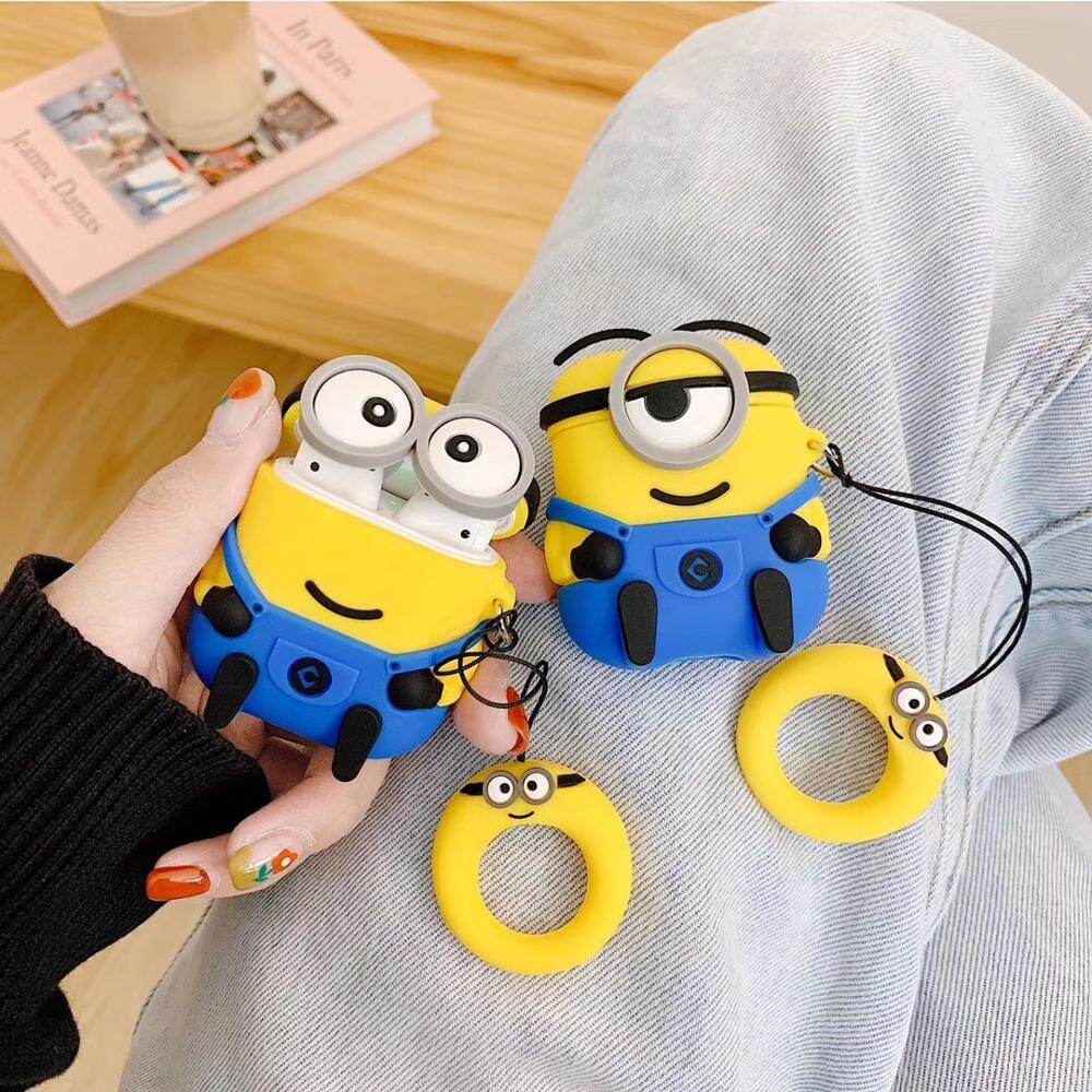 3D Cute Little Yellow Man Wireless Bluetooth Headset Silicone Case for Airpods 1/2 Earphne Protective Case Shockproof Soft Case
