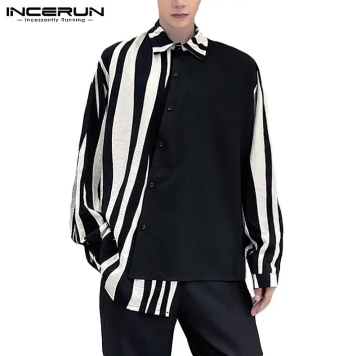 Mens Long Sleeve Striped Patchwork Shirts Casual Streetwear Blouse Party Top Tee