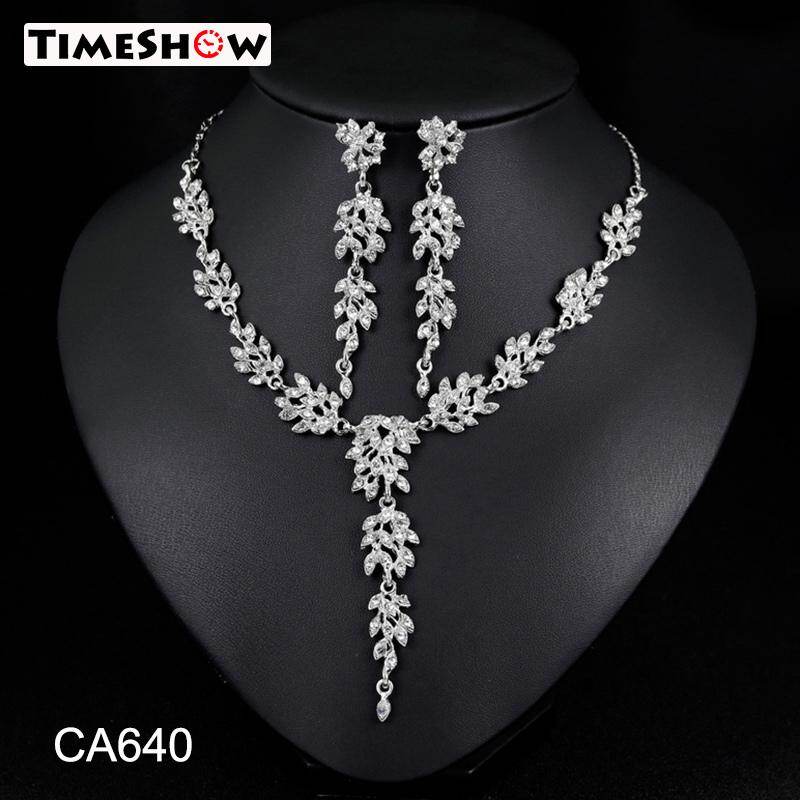 TimeShow Necklace Earrings Set Bride Alloy Diamond Necklace Earrings Jewelry for Women Party Wedding