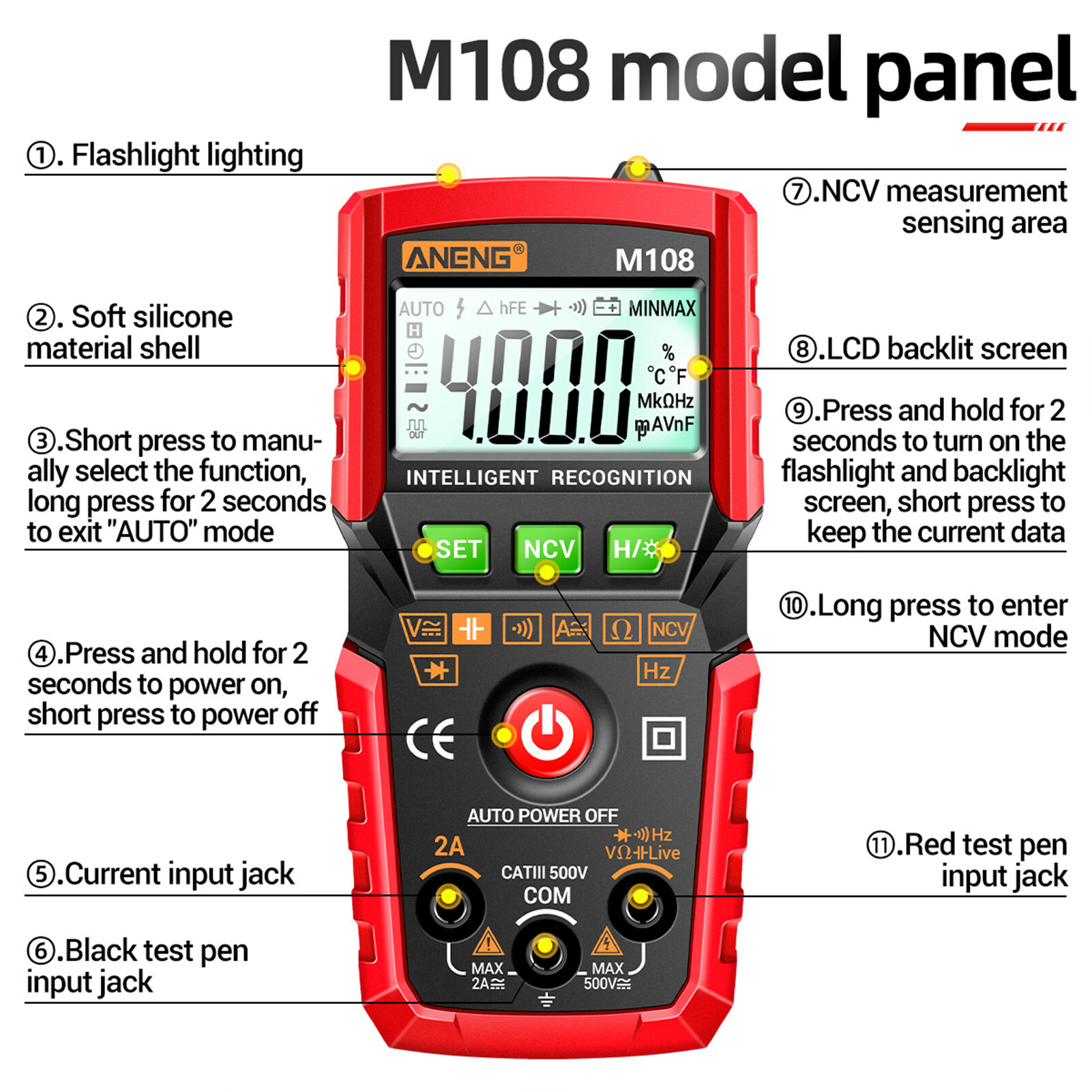 KKmoon ANENG Đồng Hồ Vạn Năng Kỹ Thuật Số Thông Minh M108 Đồng Hồ Vạn Năng NCV Phạm Vi Tự Động 4000 Số Đếm Máy Kiểm Tra Đa Năng Cầm Tay Vôn Kế Ampe Kế Có Đèn Nền Đèn Pin Điện Áp AC/DC & Điện Trở Dòng Điện Đo Tần Số Điện Dung