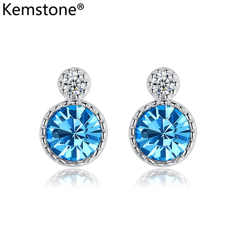 Kemstone 925 Stering Silver Crystals From Blue Pink Shiny Crystal Round Ball Stud Earrings Female Jewelry Gift for Women