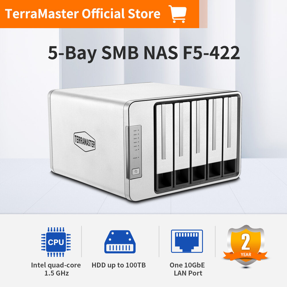 TerraMaster F5422 10GbE 5Bay NAS Intel QuadCore 1.5 GHz CPU 4GB RAM