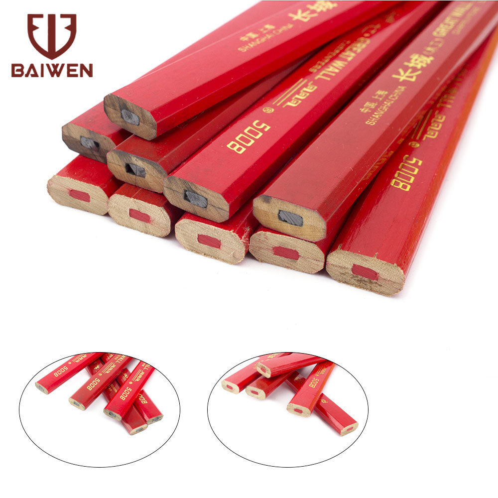 BAIWEN 10Pcs Flat Carpenters Pencils Red/Black Woodworking Construction Marking Tool