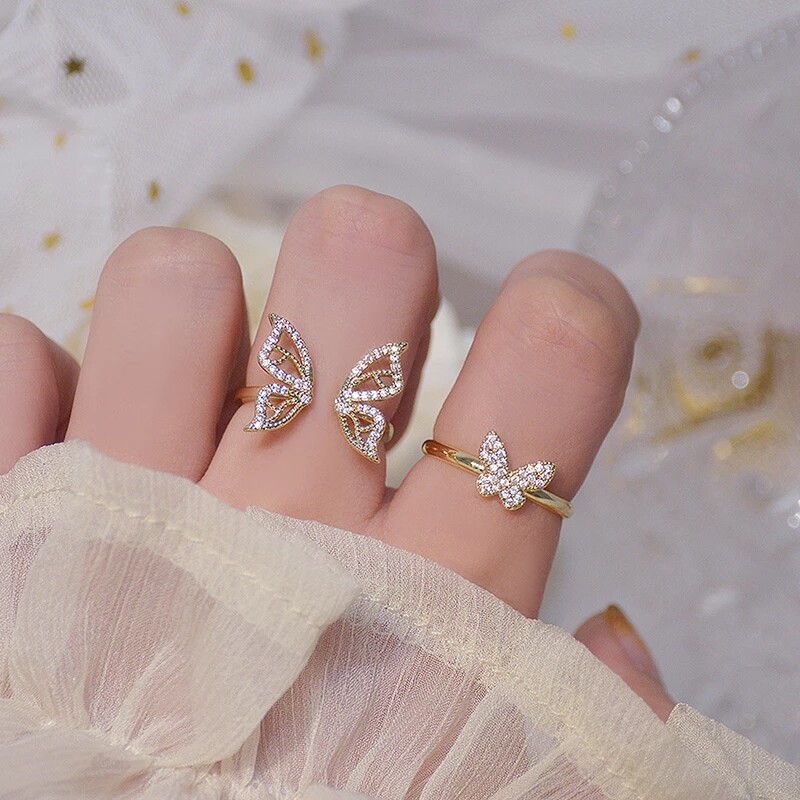Yuki's Korean 14K Real Gold Hollow Butterfly CZ Ring for Women Adjustable Open Design Pave Zircon Butterfly Ring Wedding Jewelry Gift
