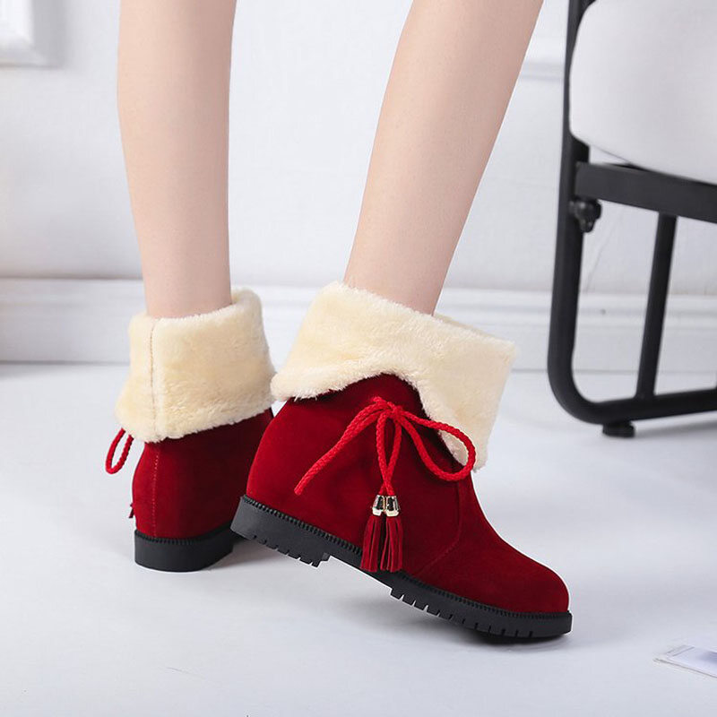 Foldable Short Plush Snow Boots Women Winter Warm Faux Fur Shoes Butterfly-knot Fringe Flat Footwear Female Casual Booties