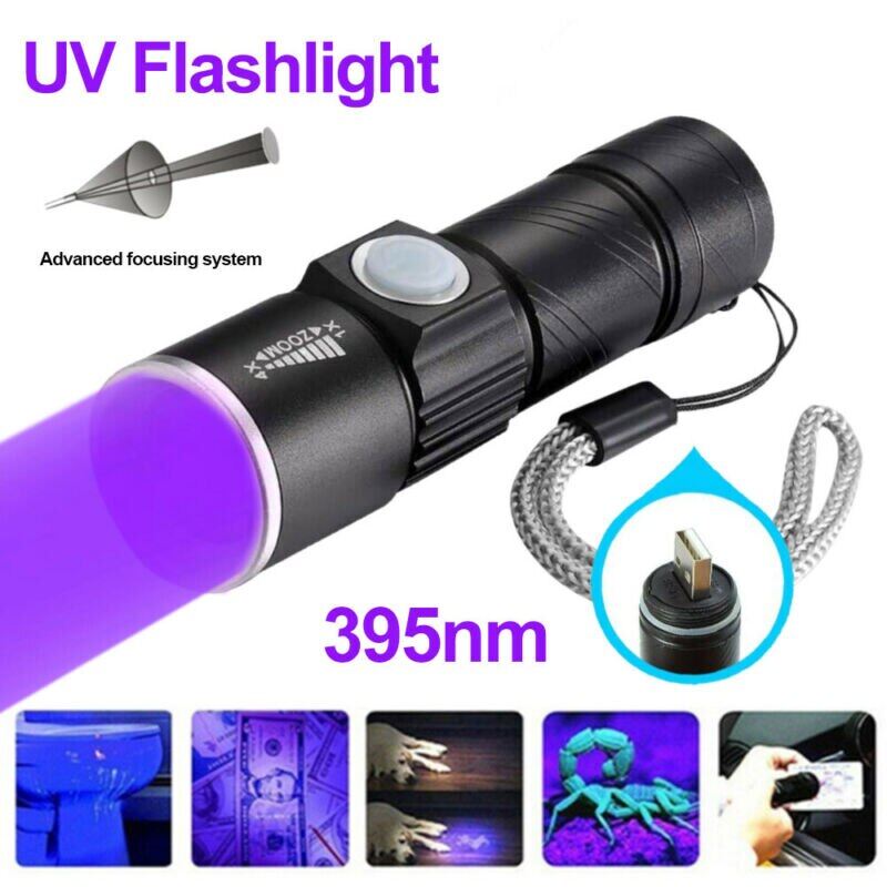 395Nm UV Lamp USB Rechargeable Ultraviolet Flashlight 3 Mode Powerful Mini UV LED Torch Telescopic Zoom UV Light Blacklight