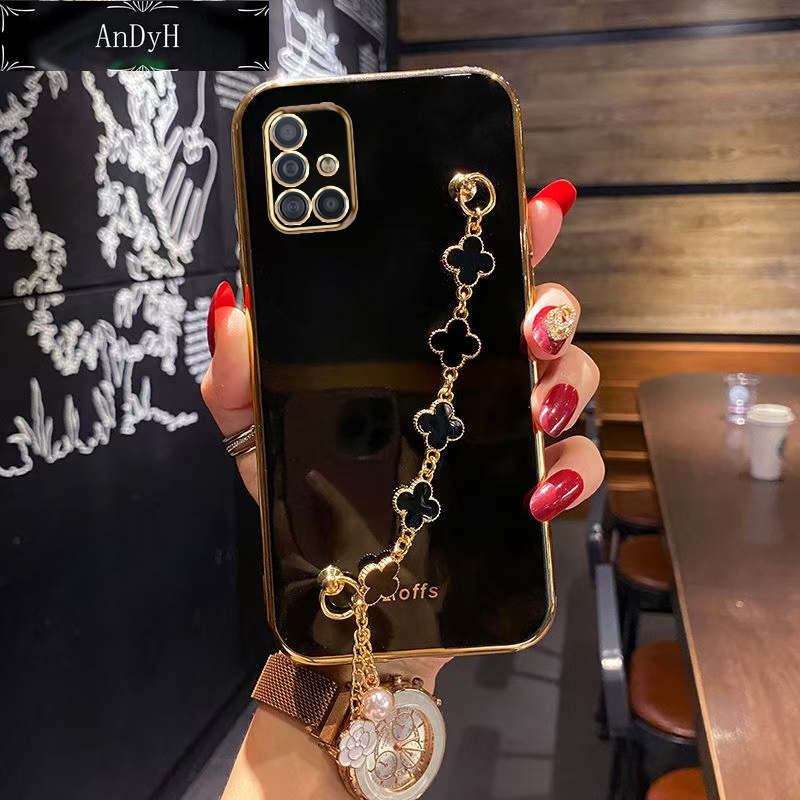 AnDyH Straight Edge Plating Phone case For Samsung Galaxy A51 casing,Precise Camera Protection cases Cute girl style cover with Four leaf clover bracelet