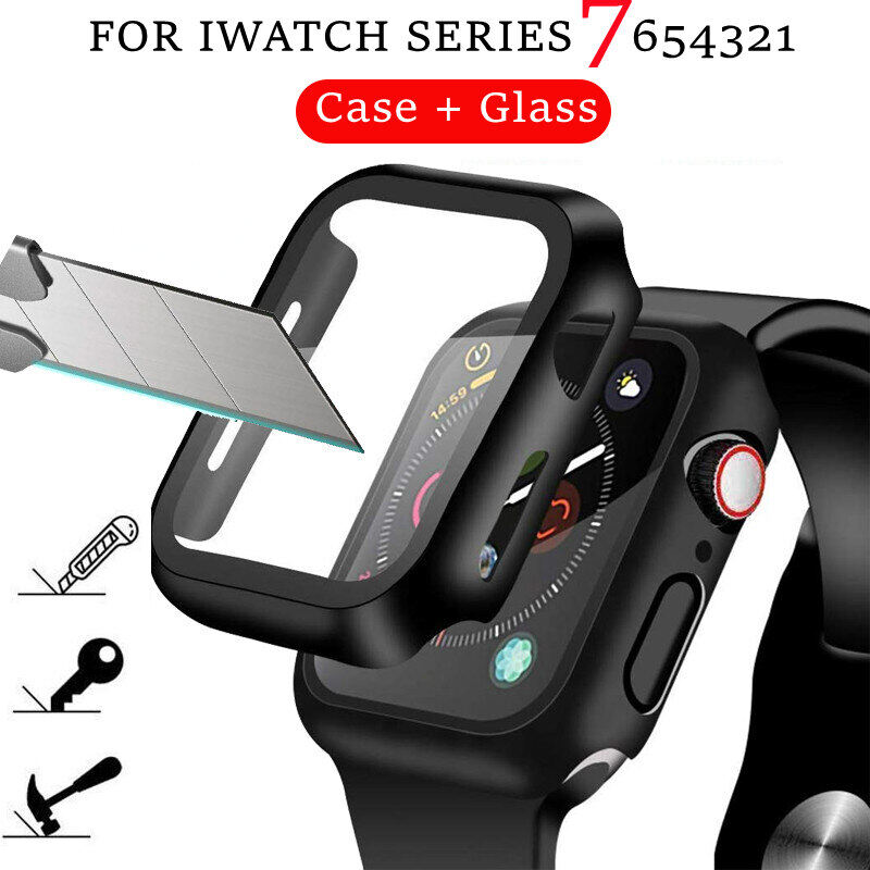 New 2 In 1 Tempered Glass + Case for Apple Watch 45mm 41mm 44mm 40mm Series 7 6 5 4 SE 360 Full Screen Protector Bumper Frame Matte Hard Case for Apple Watch Series 3 2 1 38mm 42mm