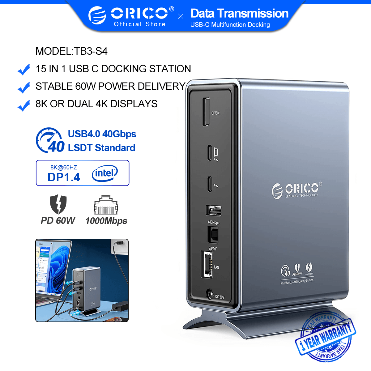 ORICO Thunderbolt 3 Docking Station Type C to Adapter