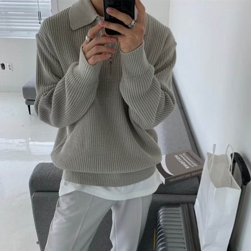 H half zipper sweater men's autumn winter style Japanese vintage high-end lazy lapel knitwear loose casual S86_voghion.com