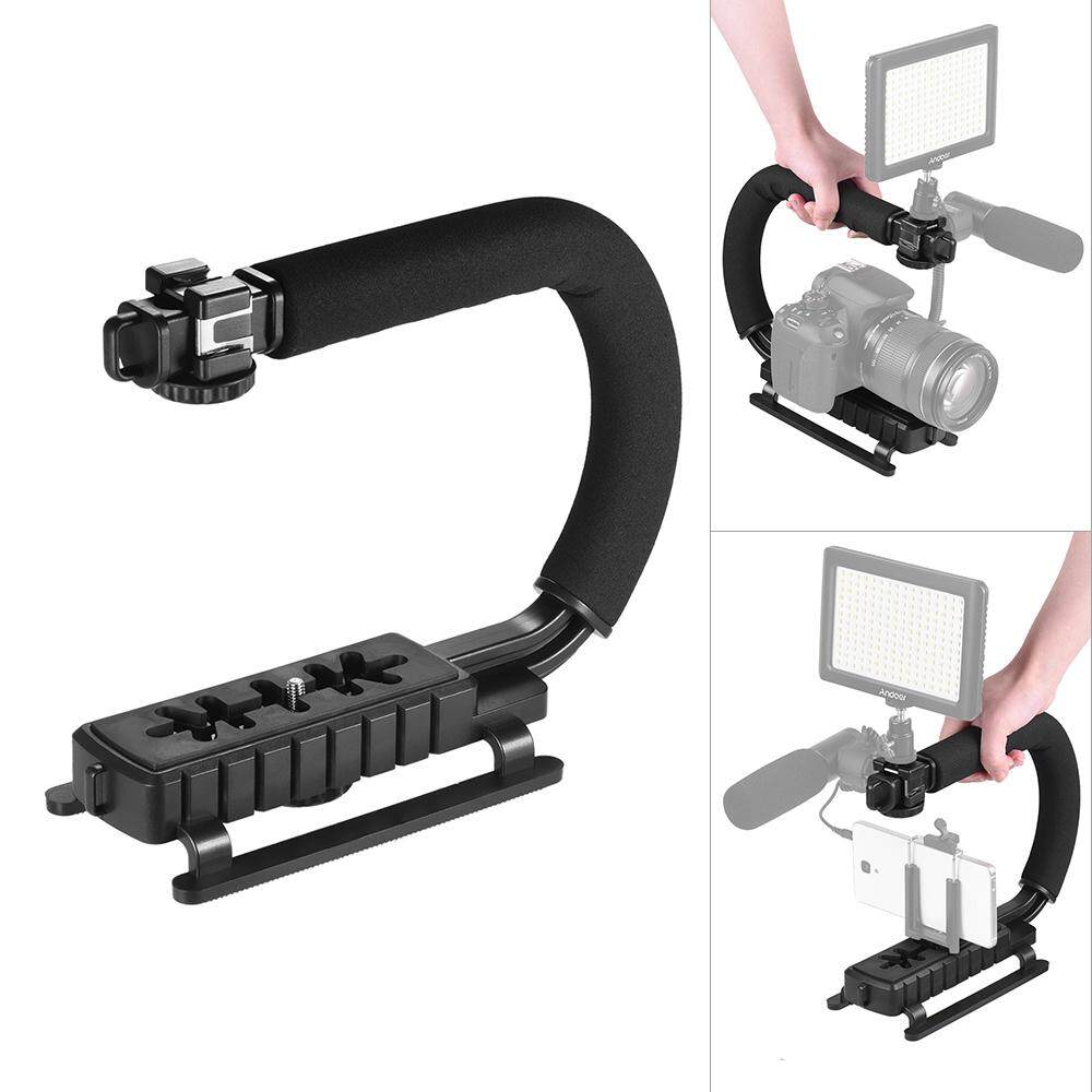 3 Shoe Mounts U/C Shaped Bracket Holder Handle Handheld Video Action Stabilizer Grip for iPhone 7 Plus 6s 6 Plus for Canon Nikon Sony DSLR Camera Camcorder ^ (Black) - intl