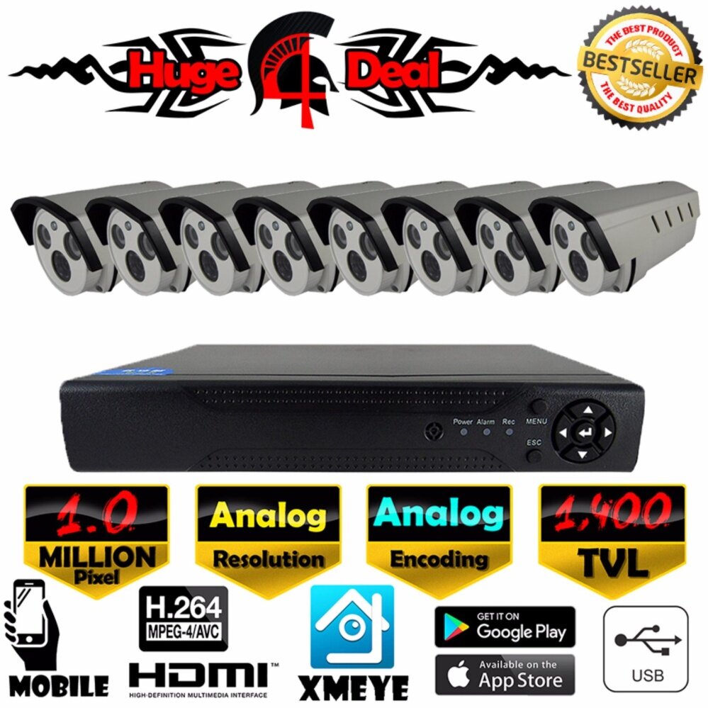 South Rise 8CH Analog CCTV 8 Pieces Peluru Kamera 1400 TVL DVR Perlengkapan Set Analog Decoding TERBARU 2017 Model Inframerah 1400 TVL/960 H 4 Mm Lensa Perekam Video Digital Adaptor Gratis Kamera Gratis Braket-Internasional