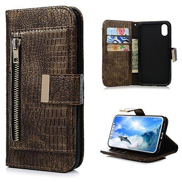 Badalink iPhone X, multi Kartu Slots Buaya Kasus Dompet Premium Kulit PU Stand Penyangga Sarung Anti Guncangan Magnetik Interior Lembut TPU Cangkang dengan Strip Pergelangan Tangan & Tambahan Saku untuk iPhone X-Emas-Internasional