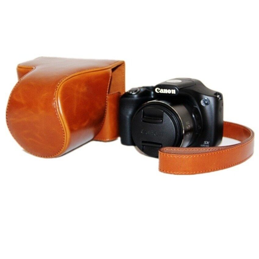 Kulit Coklat PU Tas Wadah Kamera PENUTUP UNTUK Canon SX520 dengan Tali Sheng HOTT 466-Intl
