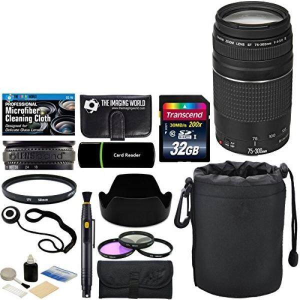 Canon EF 75-300 Mm F/4-5.6 III Lensa Variabel + 32 GB Kartu + Kantong + hood + Band + Filter + Aksesoris Bundle untuk EOS 5D 6D 7D 80D 70D 60D, pemberontak T7i 77D T6s T6i T5i T4i T3i T2i SL1 SL2 T6 T5 T3 Kamera-Intl