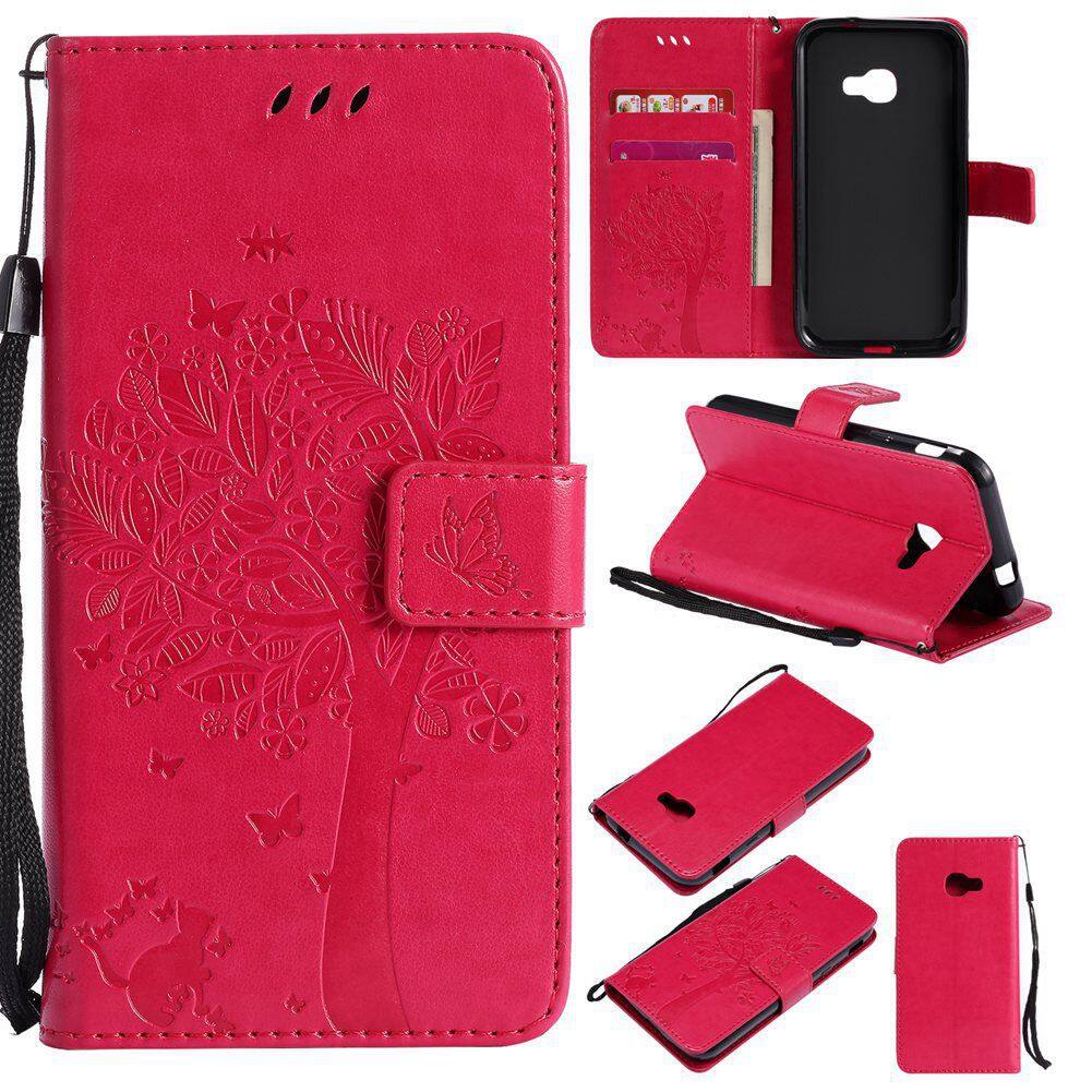 Untuk Samsung Galaksi Xcover 4 G390F Seksi Merah Muda Bunga Emboss Warna Polos Slot Kartu Dompet Kulit Lipat Penyangga Case Sarung -Internasional