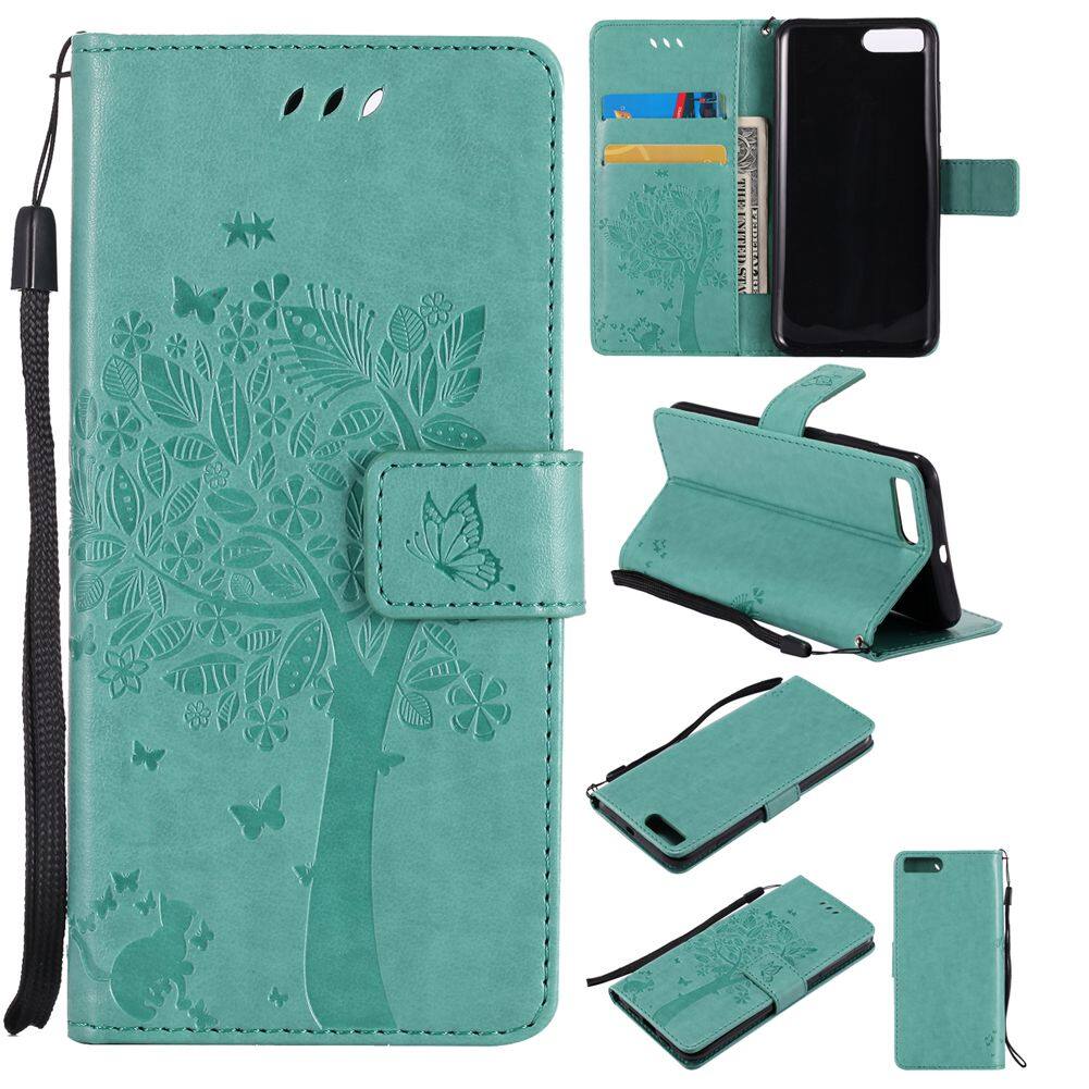 Untuk Xiaomi MI 6 Hijau Emboss Bunga Warna Polos Slot Kartu Dompet Kulit Lipat Penyangga Case Sarung-Internasional
