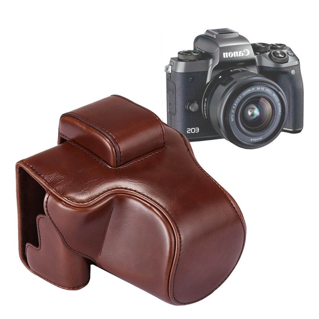 Penuh Tubuh Kamera PU Kulit Kasus Tas dengan Tali untuk Canon EOS M5 (Kopi)-Internasional