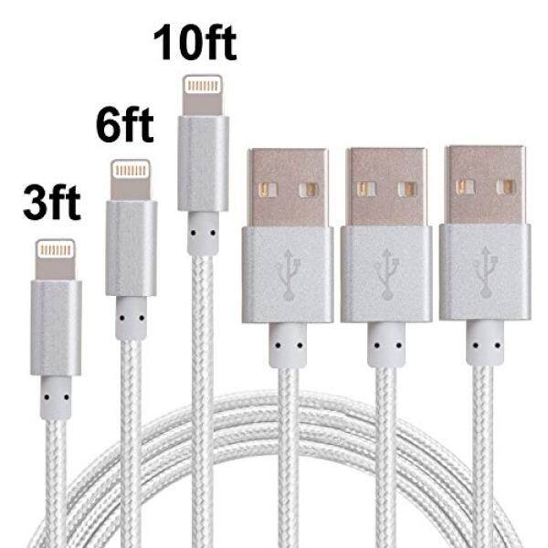 Guoshi, kabel Pengisi Daya iPhone 3 Pcs 3FT 6FT 10FT Nilon Dikepang Lightning USB Kabel Kabel Pengisi Daya Kompatibel dengan iPhone X Iphone 8 8 PLUS 7 7 Plus 6 6 S 6 Plus, iPhone 5 S, iPad, IPod (Perak Putih)-Internasional
