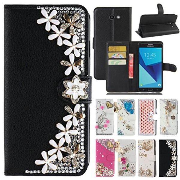 J7 Perx/J7 Langit Pro/J7 V/J7 2017 Case, terbaik Share Mewah BLING Berlian Kulit Lipat Saku Penyangga Tampilan Dompet Case Lembut Bummper Penuh Sarung untuk Samsung Galaksi J7V /J7 2017, hitam Bunga-Internasional