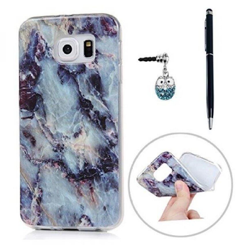 Kasos S6 Pola Marmer Yang Unik Warna-warni Lukisan Lembut Kasus TPU Slimfit Ringan Bemper Sarung & Amp; debu Steker Stylus untuk Samsung Galaksi-Biru-Internasional