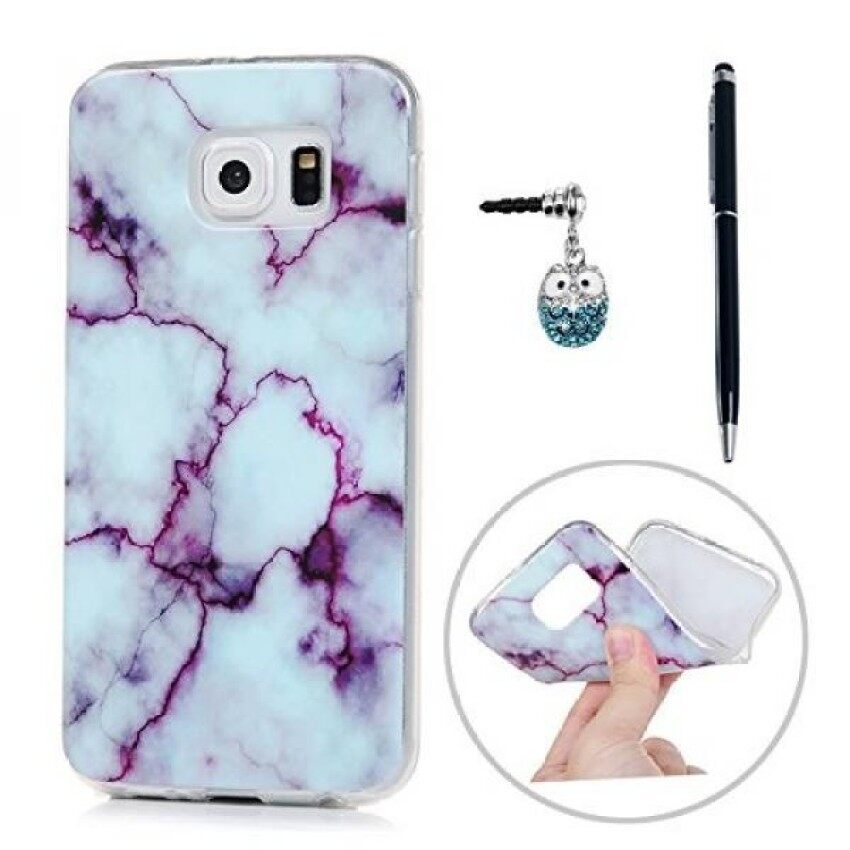 Kasos S6 Pola Marmer Yang Unik Warna-warni Lukisan Lembut Kasus TPU Slimfit Ringan Bemper Sarung & Amp; debu Steker Stylus untuk Samsung Galaksi-Ungu & Amp; Putih-Internasional