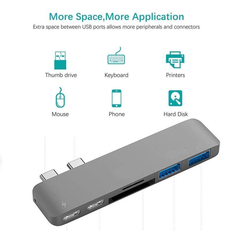 Kobwa USB C Hub,KOBWA 6 In 1 Aluminum Type-C Hub Adapter With 50Gbs/s Thunderbolt 3 5K@60Hz,USB-C 3.1 Pass-through Port,SD/TF Card Reader And 2 USB 3.0 Ports For New 13 Or 15 MacBook Pro 2016/2017(Grey)