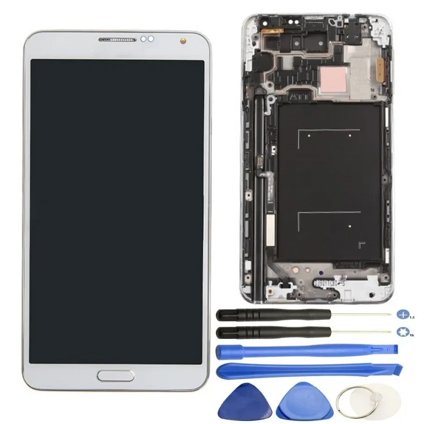 Layar Sentuh Tampilan LCD Digitizer Penuh Perakitan dengan Bezel Bingkai Penggantian untuk Samsung Galaksi Note 3 N9005 Putih-Internasional
