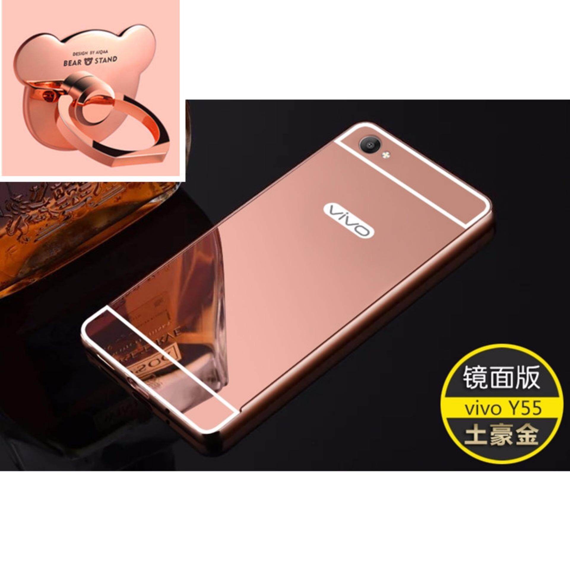 Untuk Vivo Y55/Y55A Casing Cermin Bingkai Logam dengan Beruang Lingkaran Kasus Telepon untuk Vivo Y55/Y55A (hitam) -Internasional