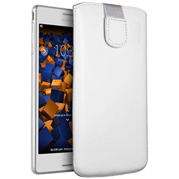 Mumbi Echt Ledertasche F? R Sony Xperia M4 Aqua Tasche Leder Etui Weiss (Lasche MIT R? ckzugfunktion Ausziehhilfe)-Intl