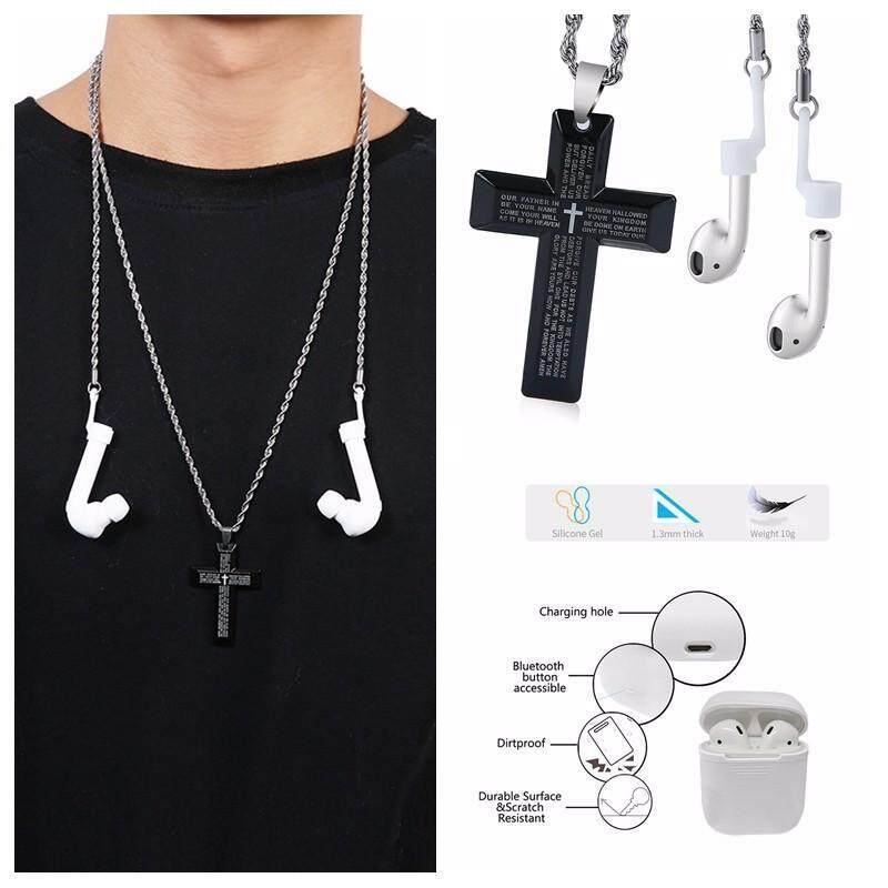 niceEshop AirPods Strap Necklace, 2 In 1 Stainless Steel Anti Lost String With Cross Pendant Lord S Prayer, AirPods Sports Strap Wire Cable Connector For IPhone 7 / IPhone 7 Plus Airpods Singapore