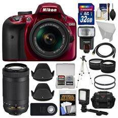 Nikon D3400 Digital SLR Camera & 18-55mm VR (Red) & 70-300mm DX AF-P Lenses with 32GB Card + Case + Flash + Video Light + Tripod + Tele/Wide Lens Kit