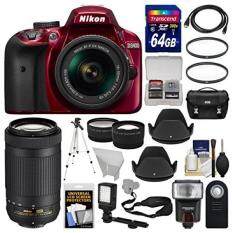 Nikon D3400 Digital SLR Camera & 18-55mm VR (Red) & 70-300mm DX AF-P Lenses with 64GB Card + Case + Flash + Video Light + Tripod + Tele/Wide Lens Kit