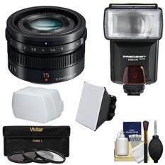 Panasonic Lumix G 15mm f/1.7 Leica DG Summilux Lens with 3 Filters + Flash & 2 Diffusers + Kit for G5, G6, GF5, GF6, GH3, GH4, GM1, GX7 Cameras