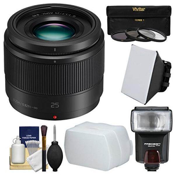 Panasonic Lumix G X 25mm f/1.7 ASPH Lens with Flash + Soft Box + Diffuser + 3 Filters Kit for G6, G7, GF7, GH3, GH4, GM1, GM5, GX7, GX8 Camera - intl