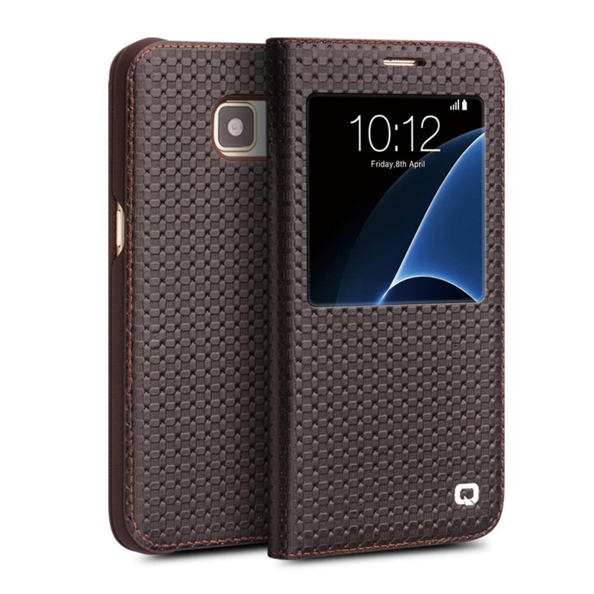 Harga Samsung Galaxy Edge S7 Terbaru Juli 2019 8 Rongnew Kulit Asli Qialino Smart Cover (dengan Jendela Yang Cerdas dan Tidur Otomatis Bangun Fitur) untuk Samsung Galaxy S7 Edge brown Grid Pola