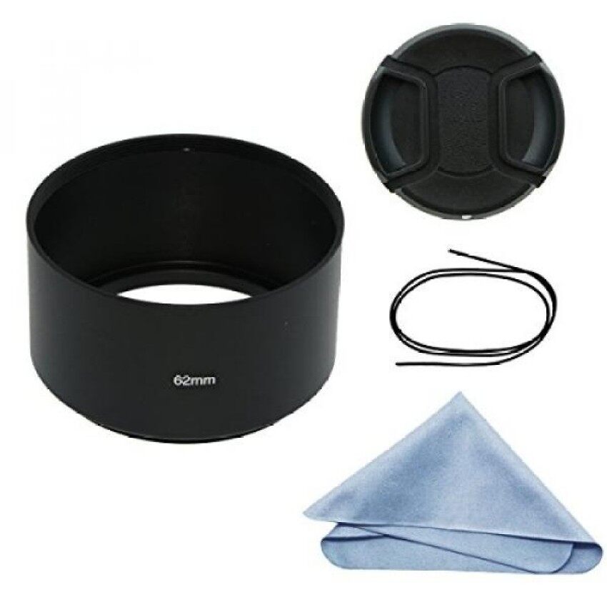 Sioti Kamera Panjang Fokus Logam Lensa Tudung + Kain Pembersih + Lensa Tutup untuk Nikon Canon Sony Fuji Pentax Samsung leica Lensa Benang Standar (62 Mm) -Internasional