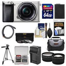 Sony Alpha A6000 Wi-Fi Digital Camera & 16-50mm Lens (Silver) with 64GB Card + Case + /Charger + Tripod + Tele/Wide Lens Kit