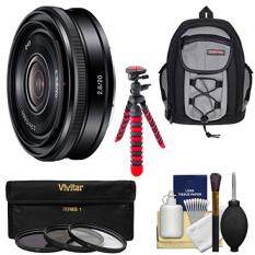 Sony Alpha E-Mount 20mm f/2.8 Wide-Angle Pancake Lens with Backpack + 3 Filters + Tripod + Kit for A7, A7R, A7S Mark II, A5100, A6000, A6300 Cameras