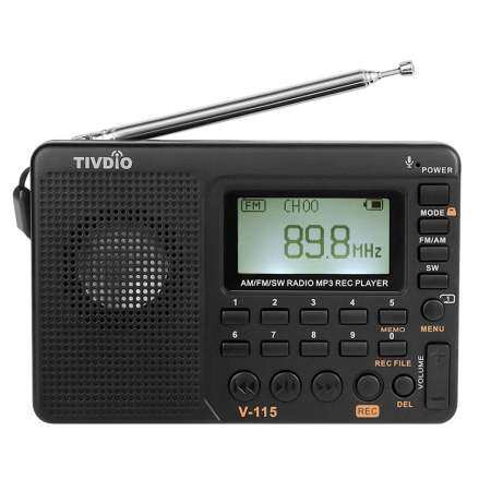 TIVDIO V-115 FM/AM/วิทยุ SW เครื่องรับวิทยุหลายช่อง REC บันทึกเสียงเบส MP3 ลำโพงเครื่องเล่น Sleep TIMER สีดำ - INTL